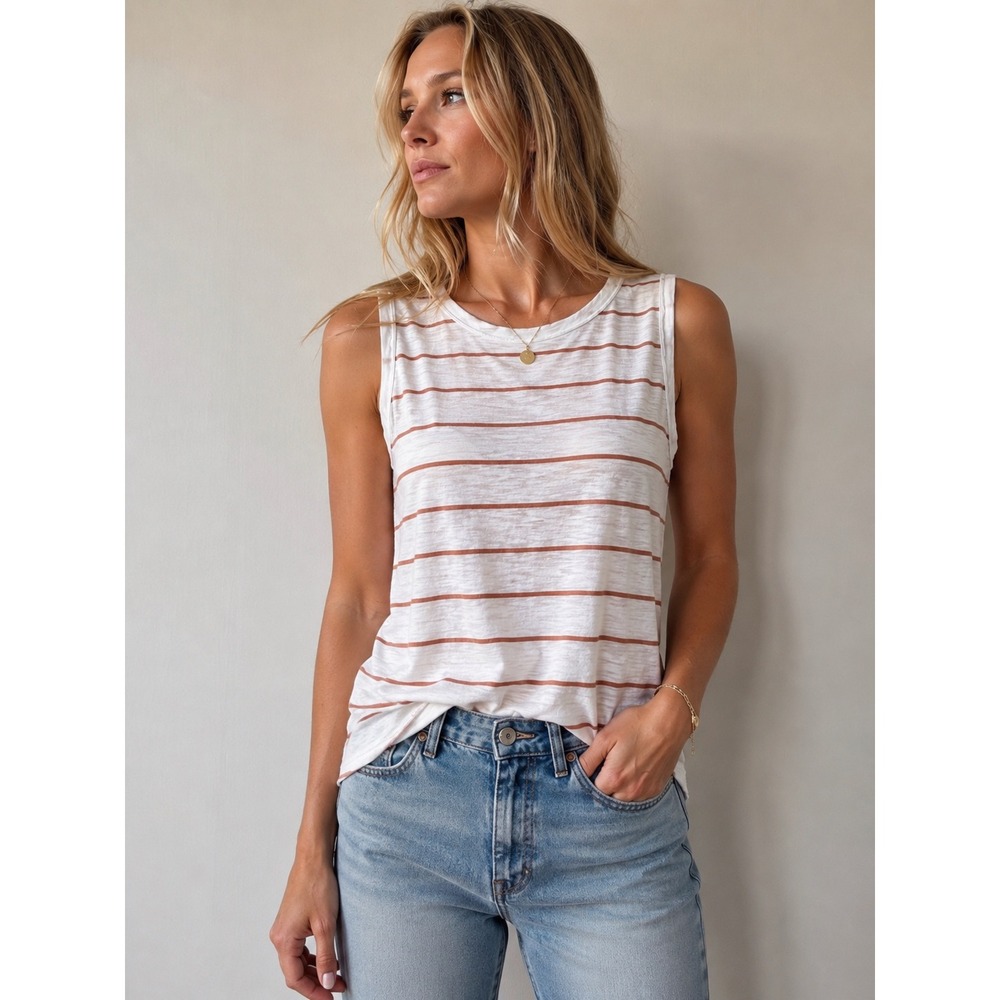 Lilla P Womens White Brown Striped Cotton Sleeveless Tank Top Size S